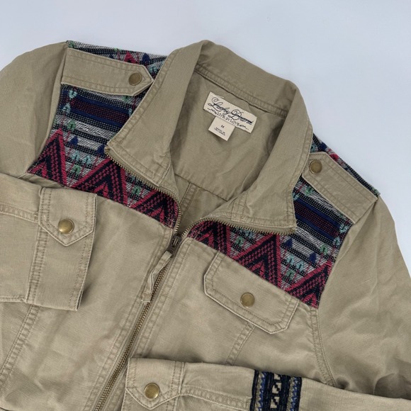 Lucky Brand Utility Jacket M Khaki Embroidered Aztec Patchwork Cotton Zip - Picture 1 of 6